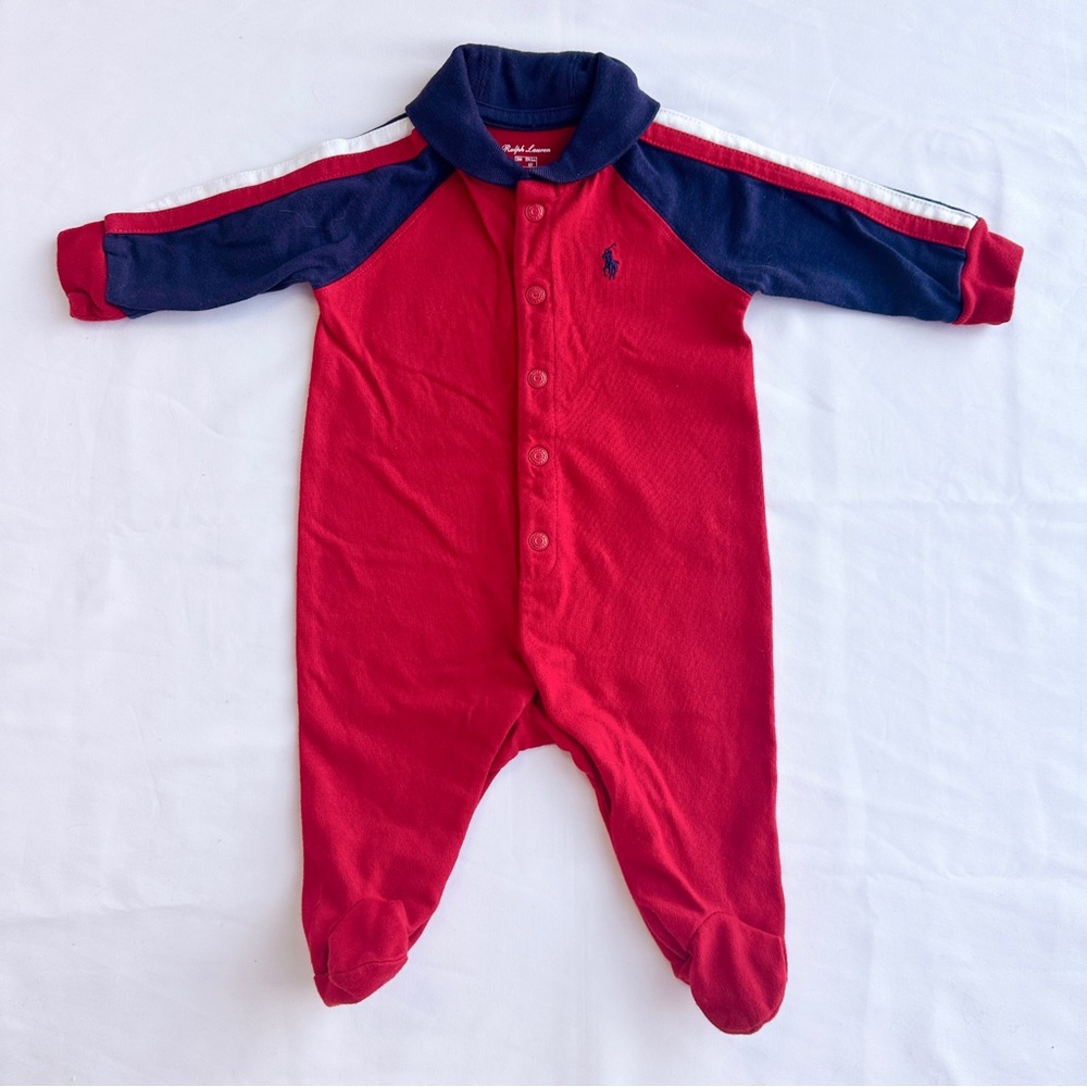 Ralph Lauren Colorblock Classic Collared Footie Playsuit 🐦‍🔥 Size 3 Months